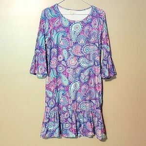 Simply Southern Paisley Ruffle Stretch Dress‎ Purple Womens Small